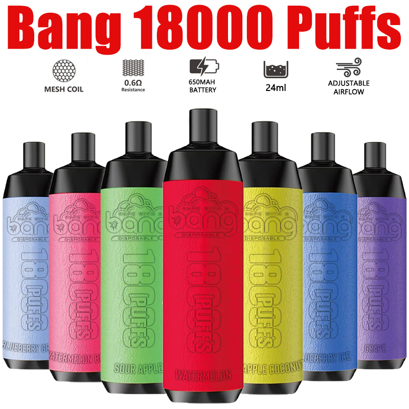 Bang 18000 Puffs Disposable Vape Electronic Cigarettes Puff 18k 0% 2% 3% 5% 25ml Prefilled Pod 0.6ohm Mesh Coil 650mah Rechargeable Adjustable Airflow Pen