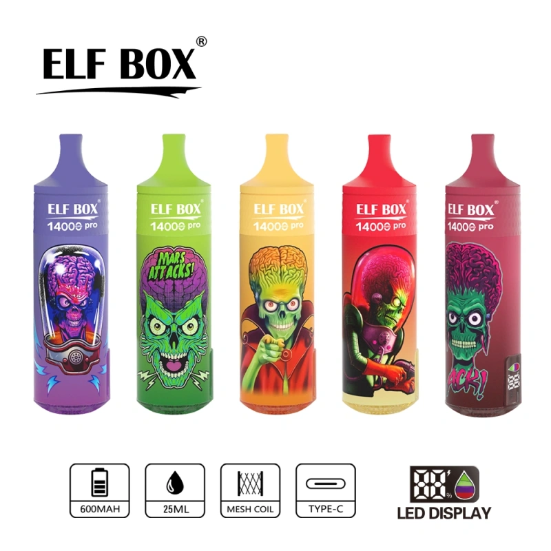 ELF BOX 14000 Pro Puffs Disposable E Cigarettes Vapers Puff 14k 0% 2% 3% 5% LED Display 1.0ohm Mesh Coil 25ml Prefilled Pod 600mah Rechargeable RGB Light Lanyard Pen