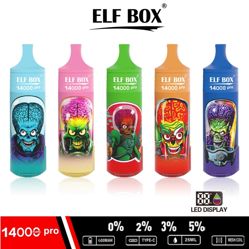 ELF BOX 14000 Pro Puffs Disposable E Cigarettes Vapers Puff 14k 0% 2% 3% 5% LED Display 1.0ohm Mesh Coil 25ml Prefilled Pod 600mah Rechargeable RGB Light Lanyard Pen