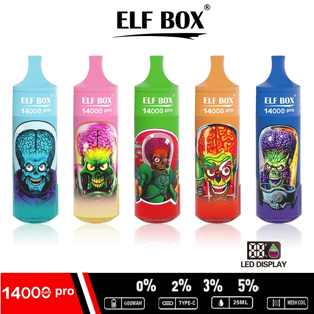 ELF BOX 14000 Pro Puffs Disposable E Cigarettes Vapers Puff 14k 0% 2% 3% 5% LED Display 1.0ohm Mesh Coil 25ml Prefilled Pod 600mah Rechargeable RGB Light Lanyard Pen