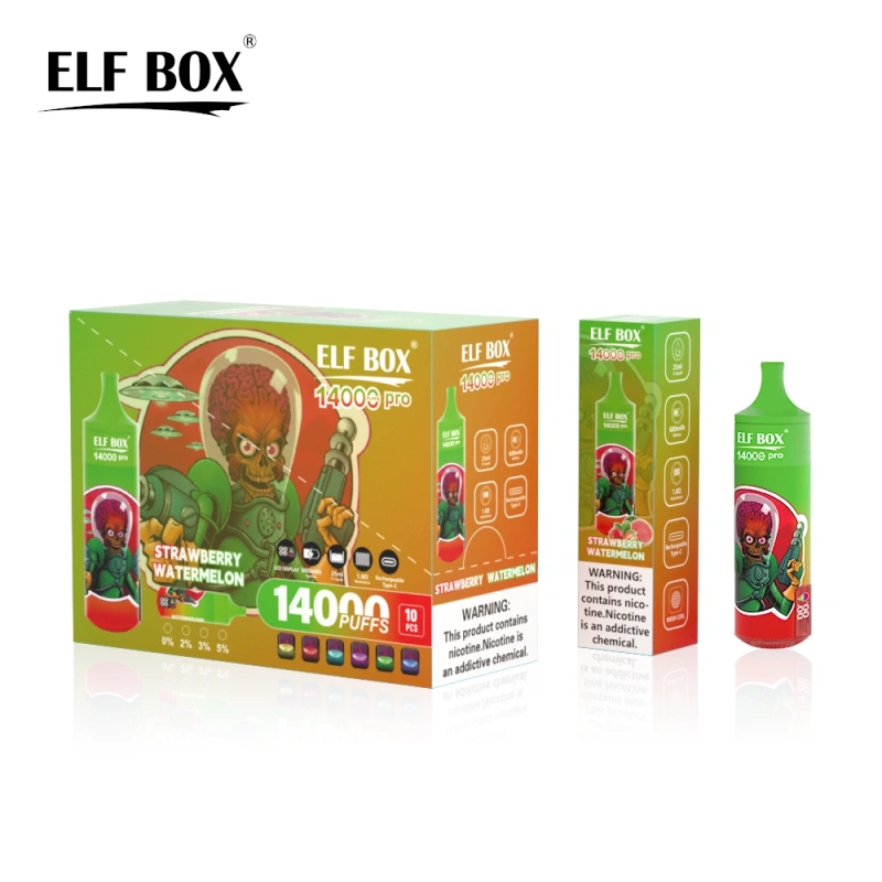 ELF BOX 14000 Pro Puffs Disposable E Cigarettes Vapers Puff 14k 0% 2% 3% 5% LED Display 1.0ohm Mesh Coil 25ml Prefilled Pod 600mah Rechargeable RGB Light Lanyard Pen