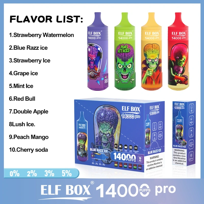 ELF BOX 14000 Pro Puffs Disposable E Cigarettes Vapers Puff 14k 0% 2% 3% 5% LED Display 1.0ohm Mesh Coil 25ml Prefilled Pod 600mah Rechargeable RGB Light Lanyard Pen