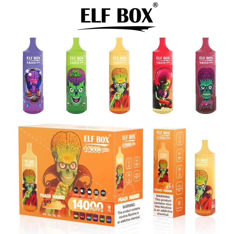 ELF BOX 14000 Pro Puffs Disposable E Cigarettes Vapers Puff 14k 0% 2% 3% 5% LED Display 1.0ohm Mesh Coil 25ml Prefilled Pod 600mah Rechargeable RGB Light Lanyard Pen