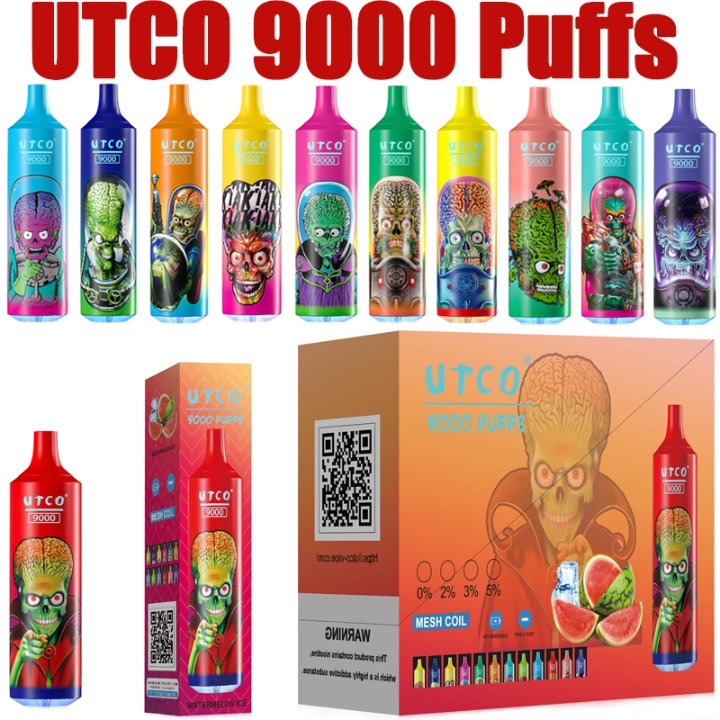 UTCO Tornado 9000 Puffs Disposable Vape Puff 9k Vaper E Cigarettes 0% 2% 3% 5% 18ml Mesh Coil Pod 850mah Rechargeable 22 Flavors Pen