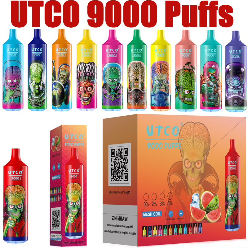 UTCO Tornado 9000 Puffs Disposable Vape Puff 9k Vaper E Cigarettes 0% 2% 3% 5% 18ml Mesh Coil Pod 850mah Rechargeable 22 Flavors Pen