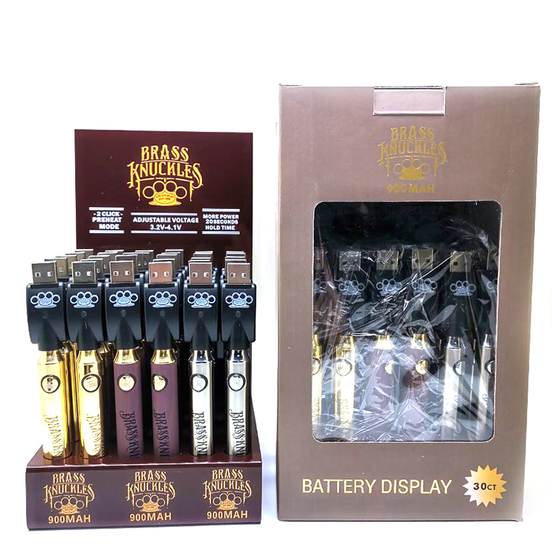 Brass Knuckles Battery 30Pcs Display Box 900mAh Variable Voltage Bottom Batteries Vape Pen Fit 510 Thread Cartridges