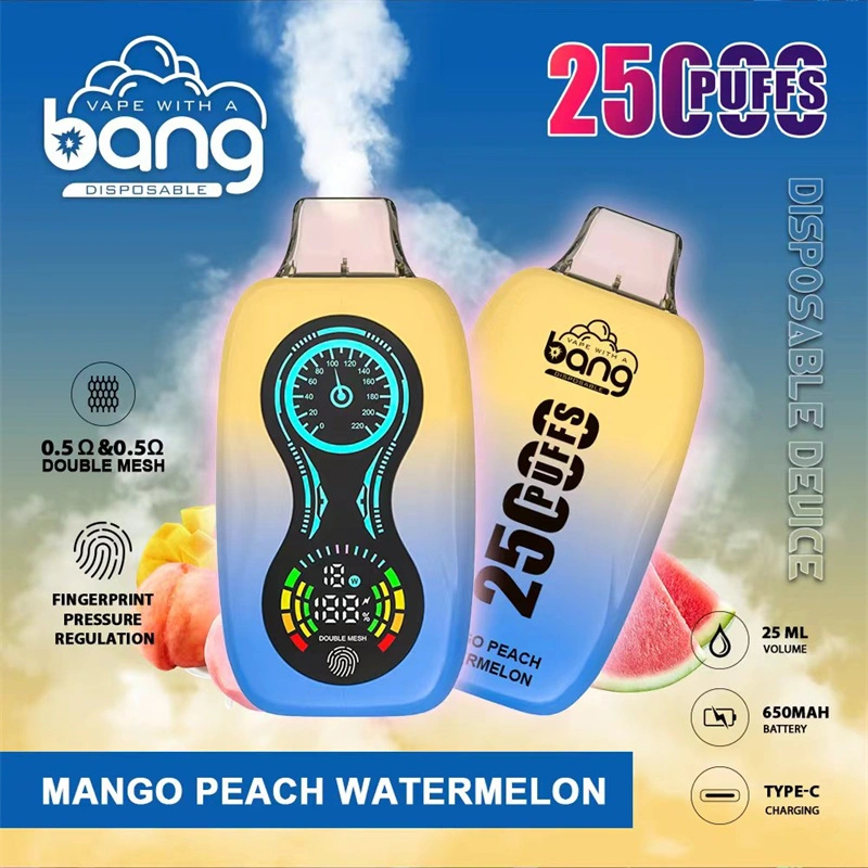 Bang 25000 Puffs Finger Print Pressure Regulation LCD Screen Vape Disposable E Cigarettes 0% 2% 3% 5% 25ml Prefilled Pod Double Mesh 650mah Rechargeable Battery Pen Puff 25k