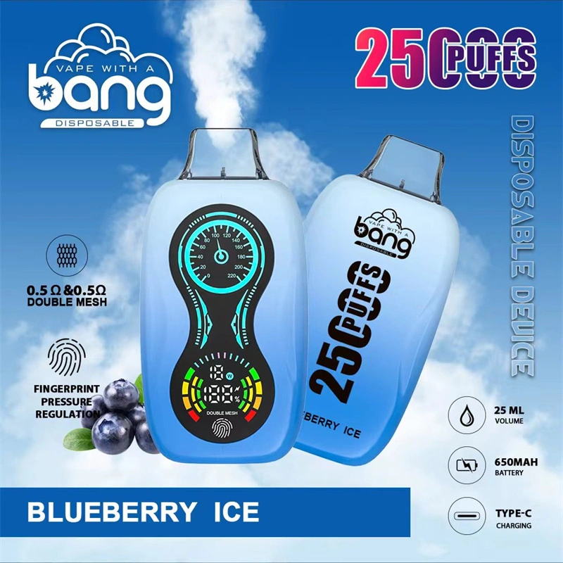 Bang 25000 Puffs Finger Print Pressure Regulation LCD Screen Vape Disposable E Cigarettes 0% 2% 3% 5% 25ml Prefilled Pod Double Mesh 650mah Rechargeable Battery Pen Puff 25k