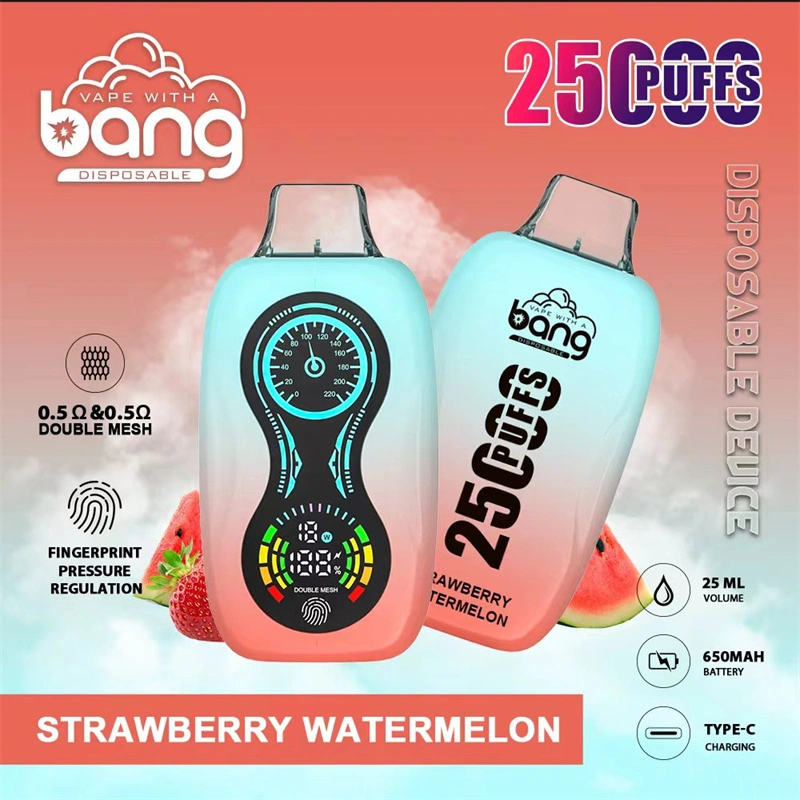 Bang 25000 Puffs Finger Print Pressure Regulation LCD Screen Vape Disposable E Cigarettes 0% 2% 3% 5% 25ml Prefilled Pod Double Mesh 650mah Rechargeable Battery Pen Puff 25k