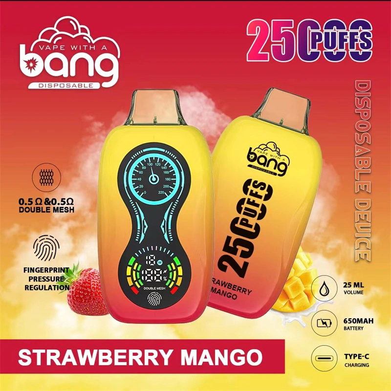 Bang 25000 Puffs Finger Print Pressure Regulation LCD Screen Vape Disposable E Cigarettes 0% 2% 3% 5% 25ml Prefilled Pod Double Mesh 650mah Rechargeable Battery Pen Puff 25k