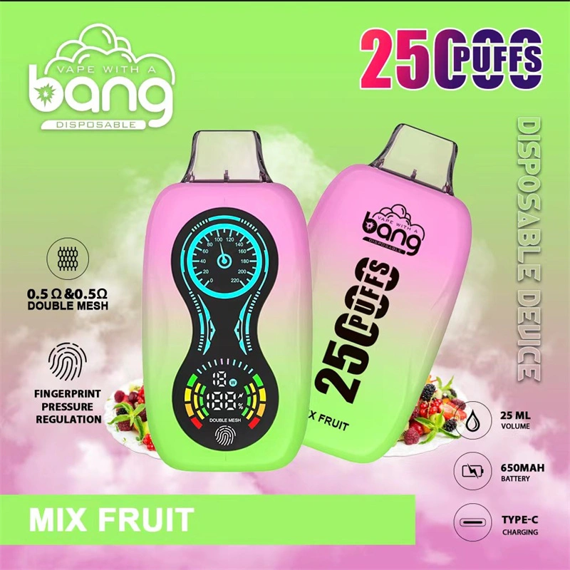 Bang 25000 Puffs Finger Print Pressure Regulation LCD Screen Vape Disposable E Cigarettes 0% 2% 3% 5% 25ml Prefilled Pod Double Mesh 650mah Rechargeable Battery Pen Puff 25k