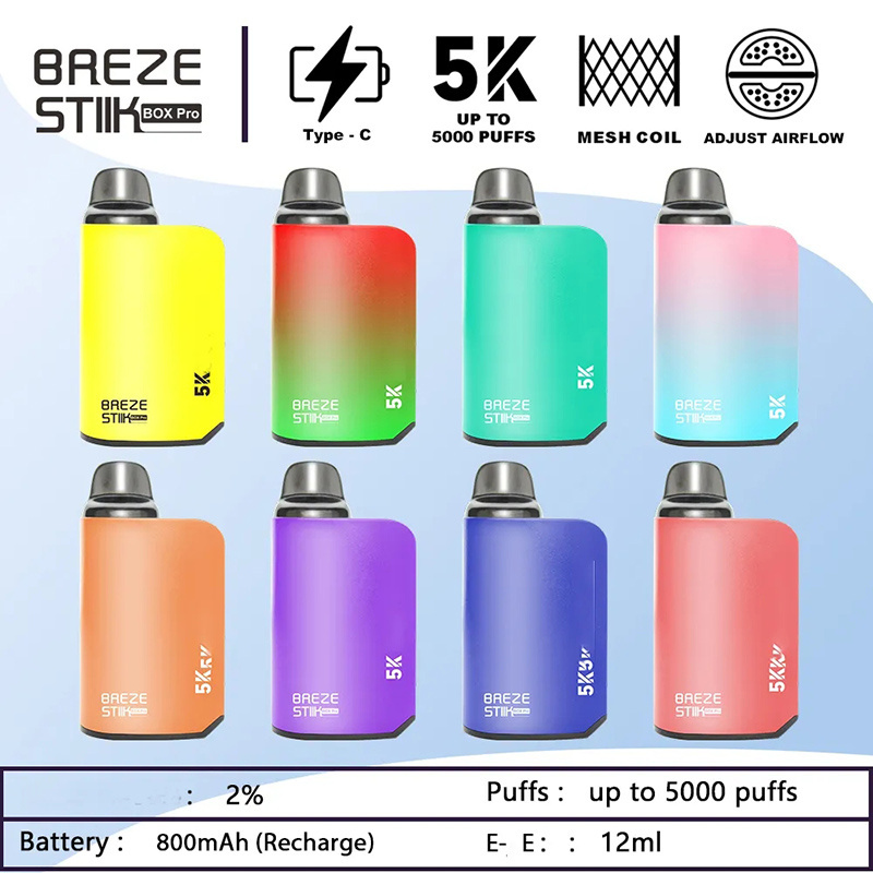 Breze Stiik Box Pro 5000 Puffs Vape Disposable Electronic Cigarettes Puff 5k 2% 5% 12ml Prefilled Pod Mesh Coil  Adjustable Airflow 950mah Rechargeable Battery Pen