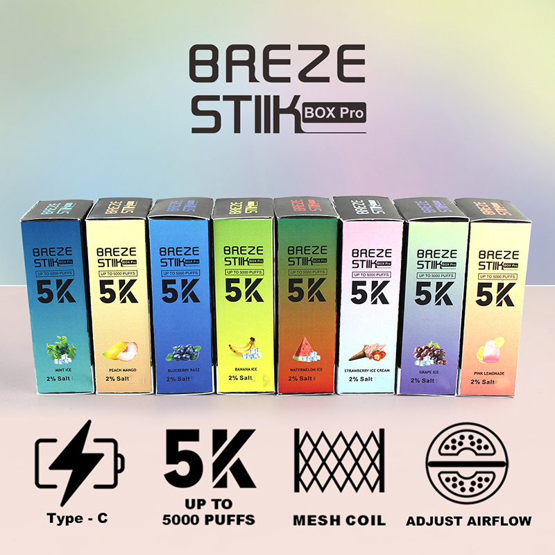 Breze Stiik Box Pro 5000 Puffs Vape Disposable Electronic Cigarettes Puff 5k 2% 5% 12ml Prefilled Pod Mesh Coil  Adjustable Airflow 950mah Rechargeable Battery Pen