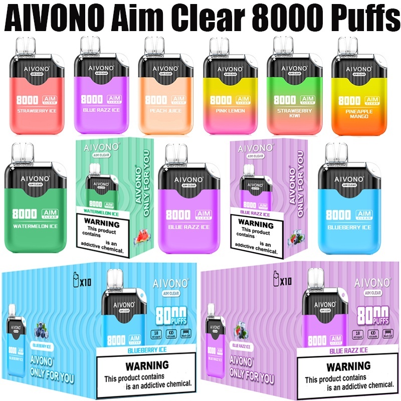 Aivono Aim Clear 8000 Puffs Vape Disposable Electronic Cigarettes Puff 8k 0% 2% 3% 5% 18ml Pod 1.2ΩMesh Coil 850mah Rechargeable Battery Pen
