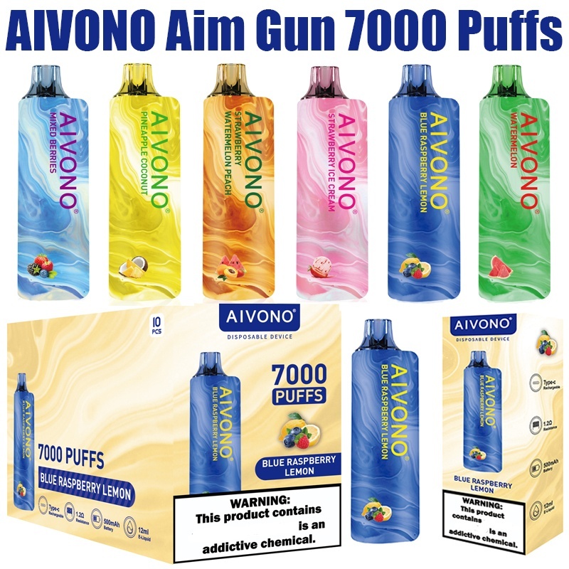 Aivono Aim Gun 7000 Puffs Vape Disposable Wholesale Electronic Cigarettes Puff 7k 0% 2% 3% 5% 12ml Pod 1.2ΩMesh Coil 500mah Rechargeable Battery Pen