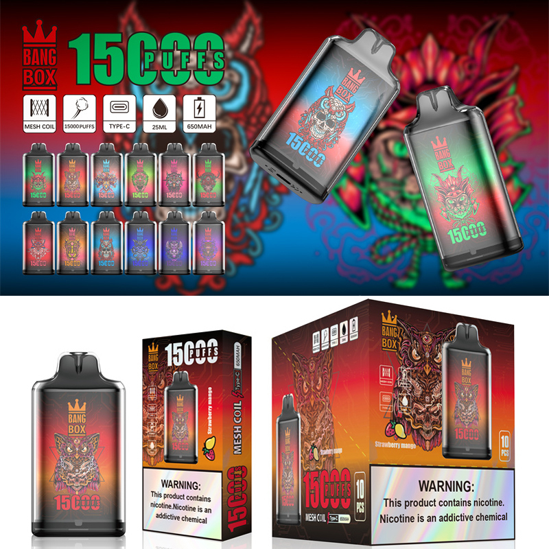 Bang Box 15000 Puffs Disposable Vape E Cigarettes 0% 2% 3% 5% Puff 15k 25ml Prefilled Pod 1.0ohm Mesh Coil 650mah Rechargeable Battery Vaper Pen
