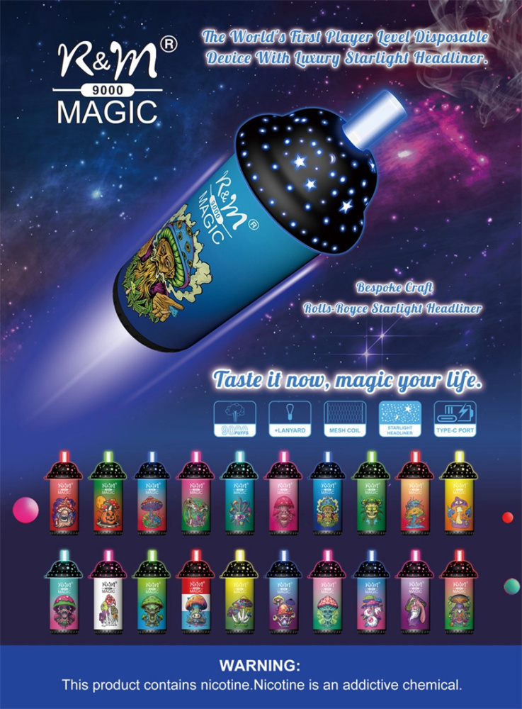 R&M Randm Magic 9000 Puffs Wholesale Vape Disposable E Cigarette 18ml E Liquid Rechargeable Battery Rolls-Royce Starlight Headliner Puff 9K Pen