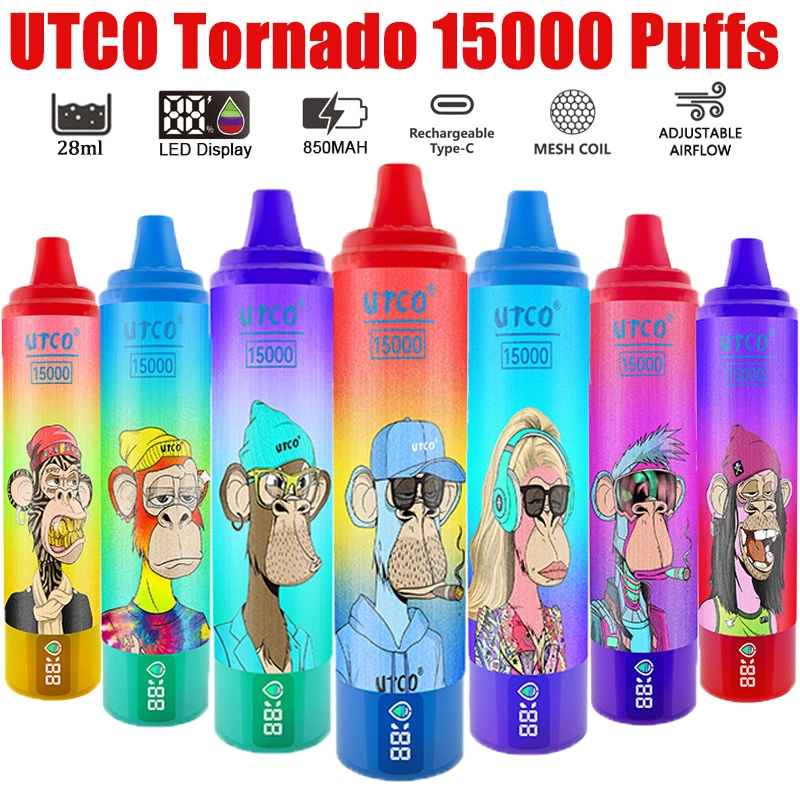 UTCO Tornado Digital 15000 Puffs Vape Disposable E Cigarettes 28ml Prefilled Pod 850mah Rechargeable 2% 5% Puff 15k Airflow Adjustable Smart Screen Original Pen