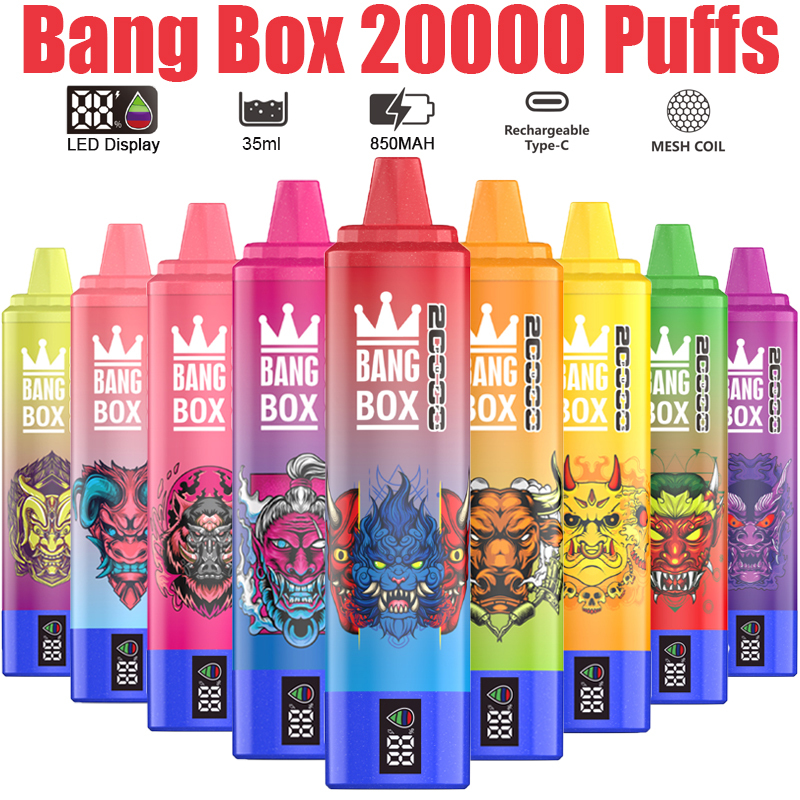 Bang Box 20000 Puffs Disposable Vape E Cigarettes Smart Screen 0% 2% 3% 5% Puff 20k 35ml Prefilled Pod Mesh Coil 850mah Rechargeable Battery Vaper Digital Display Pen