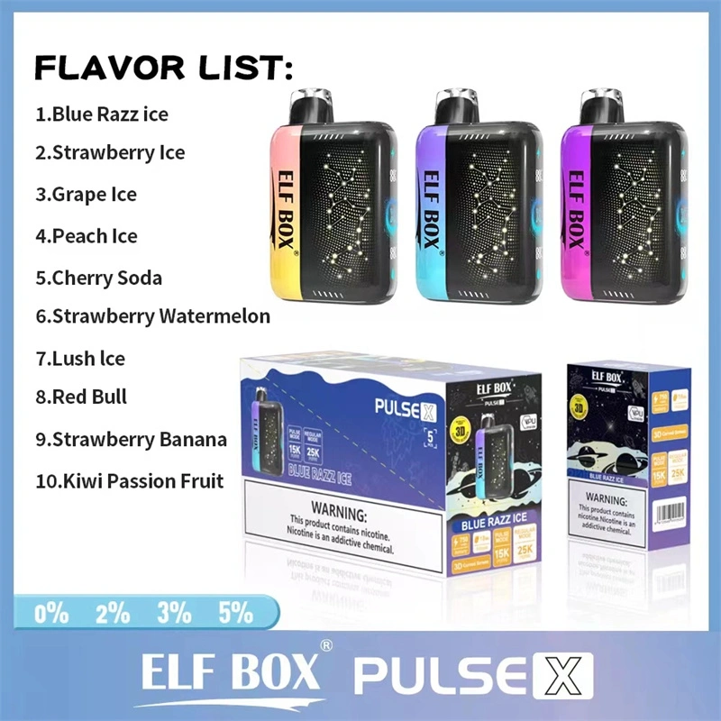ELF BOX Pulse X 15000 25000 Puffs Disposable E Cigarettes Double Mode Dual Mesh Coil LED Display 0% 2% 3% 5% 18ml Prefilled Pod 650mah Rechargeable Battery Puff 15k 25k Pen