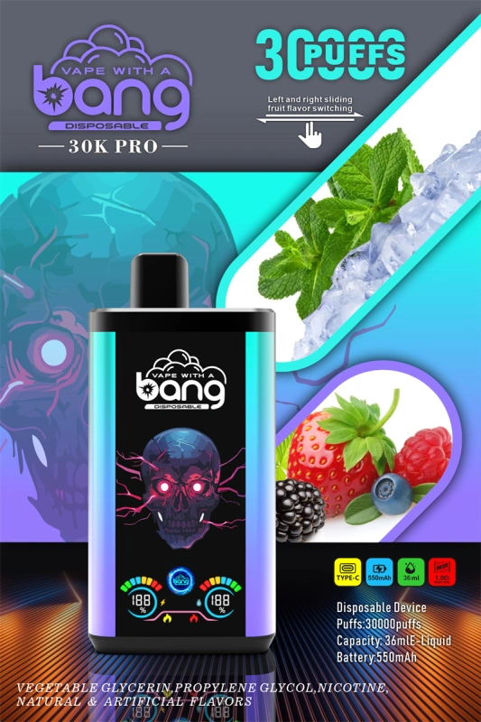 Bang 30000 Puffs Pro Big Screen Double Flavors Wholesale Vape Disposable Electronic Cigarette 550mah Rechargeable 1.0ohm Mesh Coil 36ml Pod Pen