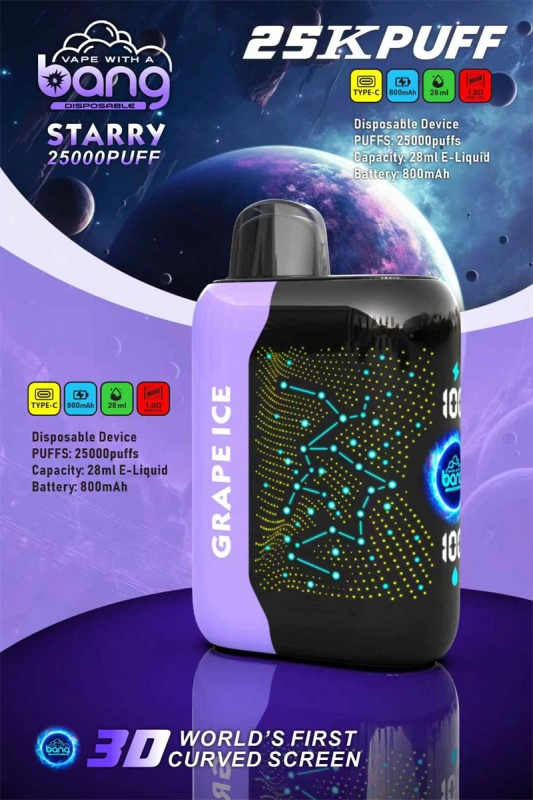 Bang Starry 25000 Puffs 3D Curved Screen Wholesale Vape Disposable Electronic Cigarette 800mah Rechargeable 1.0ohm Mesh Coil 28ml Pod Vaper Pen