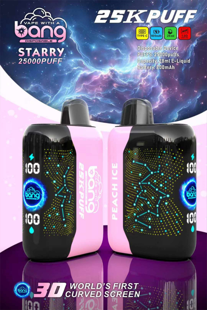 Bang Starry 25000 Puffs 3D Curved Screen Wholesale Vape Disposable Electronic Cigarette 800mah Rechargeable 1.0ohm Mesh Coil 28ml Pod Vaper Pen