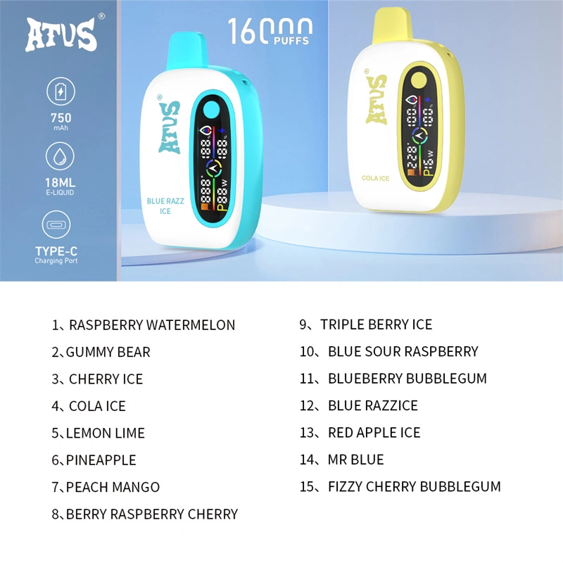 ATVS 16000 Puffs Smart Screen Wholesale Vape Disposable Electronic Cigarette 18ML Dual Mesh Coil Pod Puff 16k Adjustable Airflow 750mah Battery Vaper Pen