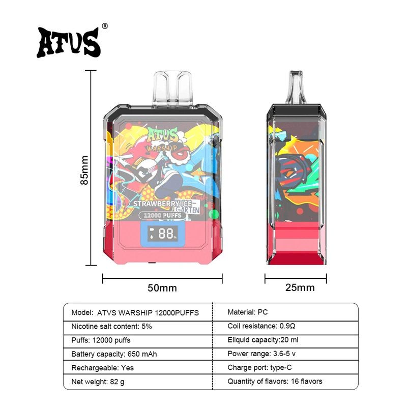 ATVS Warship 12000 Puffs Smart Screen Wholesale Vape Disposable Electronic Cigarette 20ML Mesh Coil Pod Puff 12k Adjustable Airflow 650mah Battery Vaper Pen