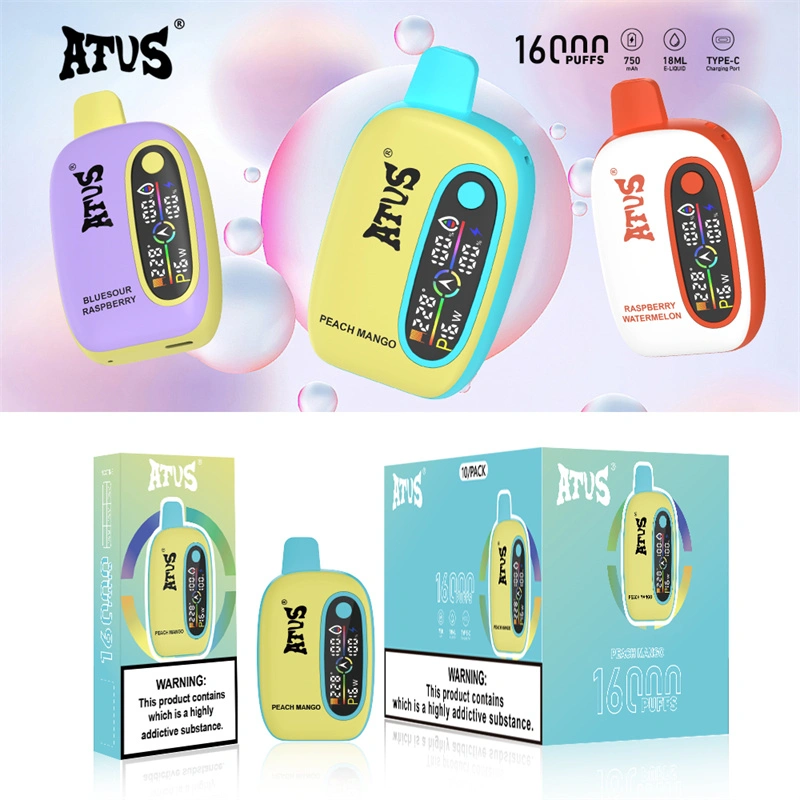 ATVS 16000 Puffs Smart Screen Wholesale Vape Disposable Electronic Cigarette 18ML Dual Mesh Coil Pod Puff 16k Adjustable Airflow 750mah Battery Vaper Pen