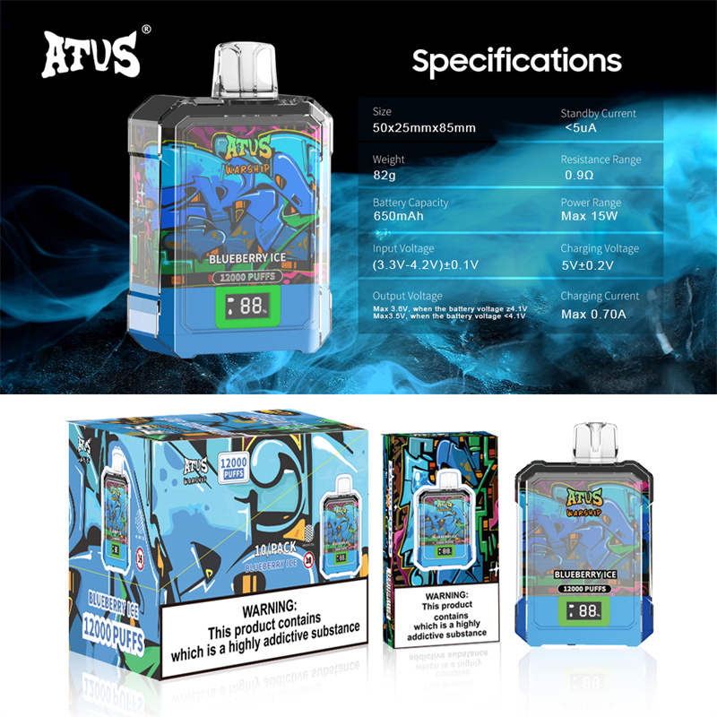 ATVS Warship 12000 Puffs Smart Screen Wholesale Vape Disposable Electronic Cigarette 20ML Mesh Coil Pod Puff 12k Adjustable Airflow 650mah Battery Vaper Pen