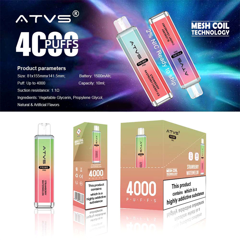 ATVS Prime Pro 4000 Puffs Wholesale Vape Disposable Electronic Cigarette 10ML Mesh Coil Pod Puff 4k 1500mah Battery Crystal Vaper Pen