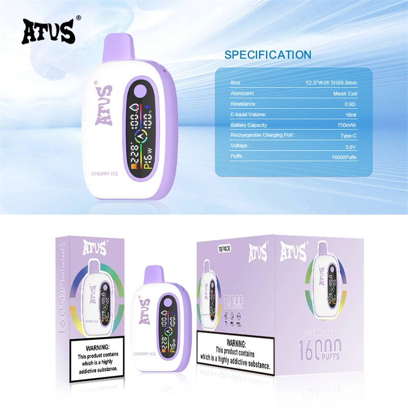 ATVS 16000 Puffs Smart Screen Wholesale Vape Disposable Electronic Cigarette 18ML Dual Mesh Coil Pod Puff 16k Adjustable Airflow 750mah Battery Vaper Pen
