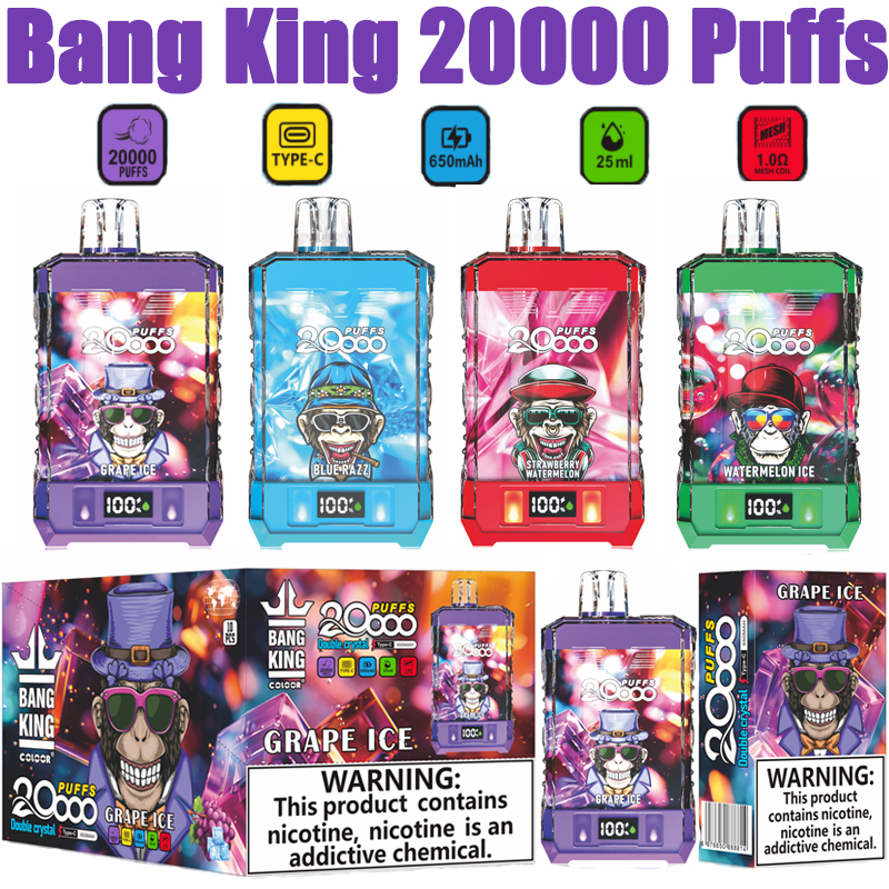 Bang King 20000 Puffs Double Crystal Vape Disposable Electronic Cigarettes Smart Screen Puff 20k 0% 2% 3% 5% 25ml Prefilled Pod  Mesh Coil 650mah Rechargeable Battery Digital Display Pen
