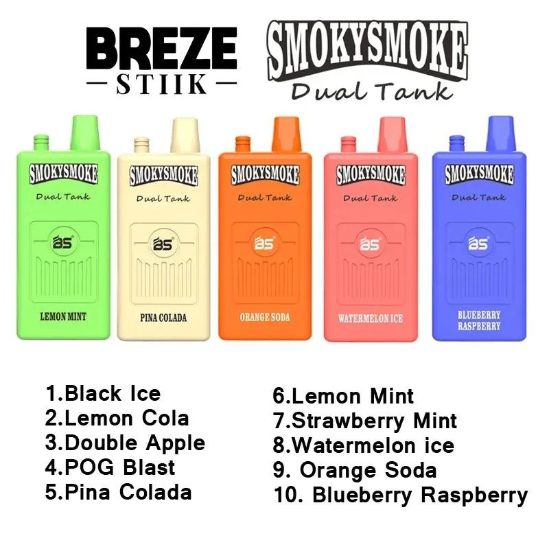 Breze Stiik BS Smoky Smoke 16000 Puffs Disposable Vape Wholesale Electronic Cigarettes Puff 16k 14ml Mesh Coil Pod 850mah Rechargeable Air-adjustable 26 Flavors Available Pen