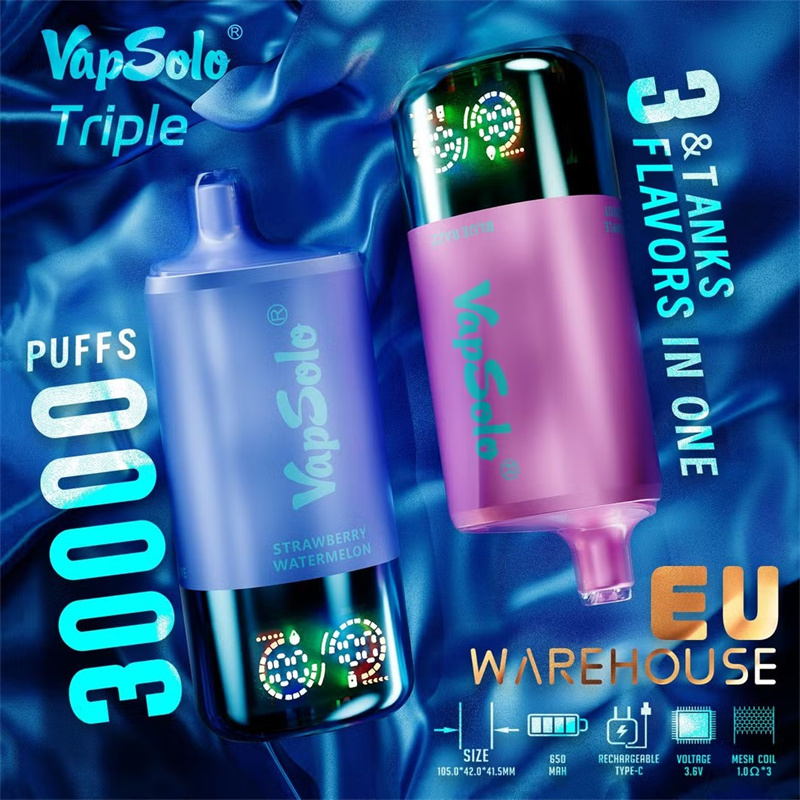 EU Warehouse Vapsolo Triple 3 in 1 30000 Puffs LCD Screen Wholesale Disposable Vape Puff 30k Electronic Cigarette 3 Adjustable Flavors Triple Mesh