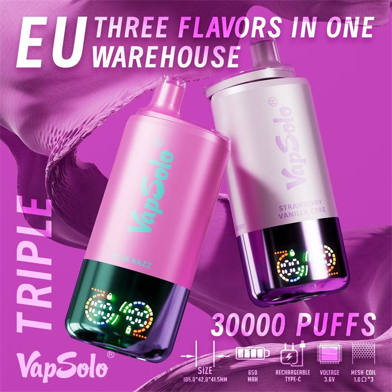 EU Warehouse Vapsolo Triple 3 in 1 30000 Puffs LCD Screen Wholesale Disposable Vape Puff 30k Electronic Cigarette 3 Adjustable Flavors Triple Mesh