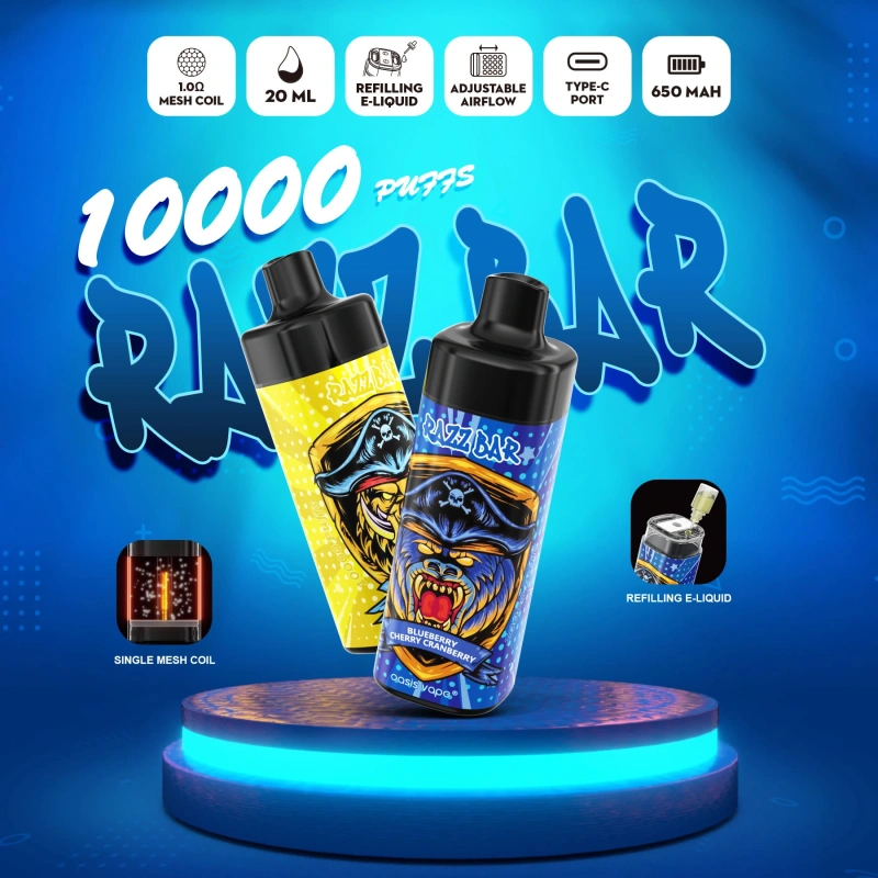 EU Warehouse Razz Bar 10000 Puffs Wholesale Disposable Vape Puff 10k Electronic Cigarette Refillable E Liqulid Airflow Adjustable