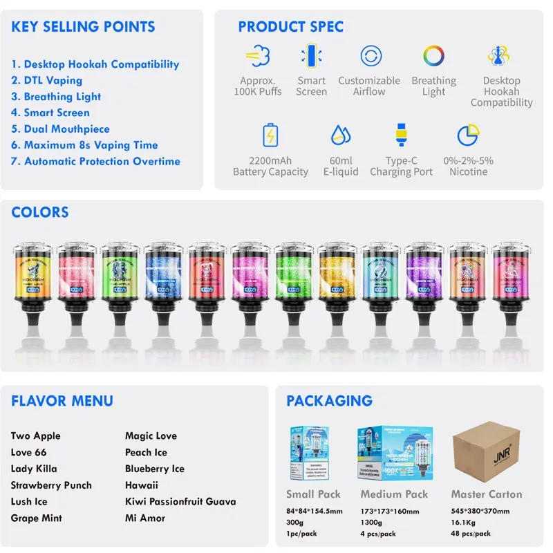 JNR Mega Shisha Hookah 100000 Puffs Smart Screen Disposable Vape Wholesale Puff 100k DTL Breathing Light