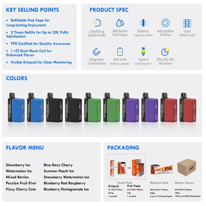 JNR Aero X Refillable Pod TPD Certified Vape Wholesale Smart Screen 32000 Puffs Dual Mesh Coil
