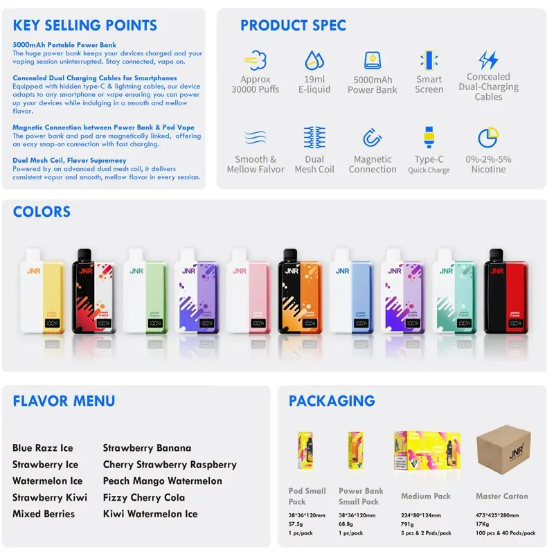 JNR Power Mate 30000 Puffs Smart Screen Disposable Vape Wholesale Puff 30k Pod 5000mAh Power Bank