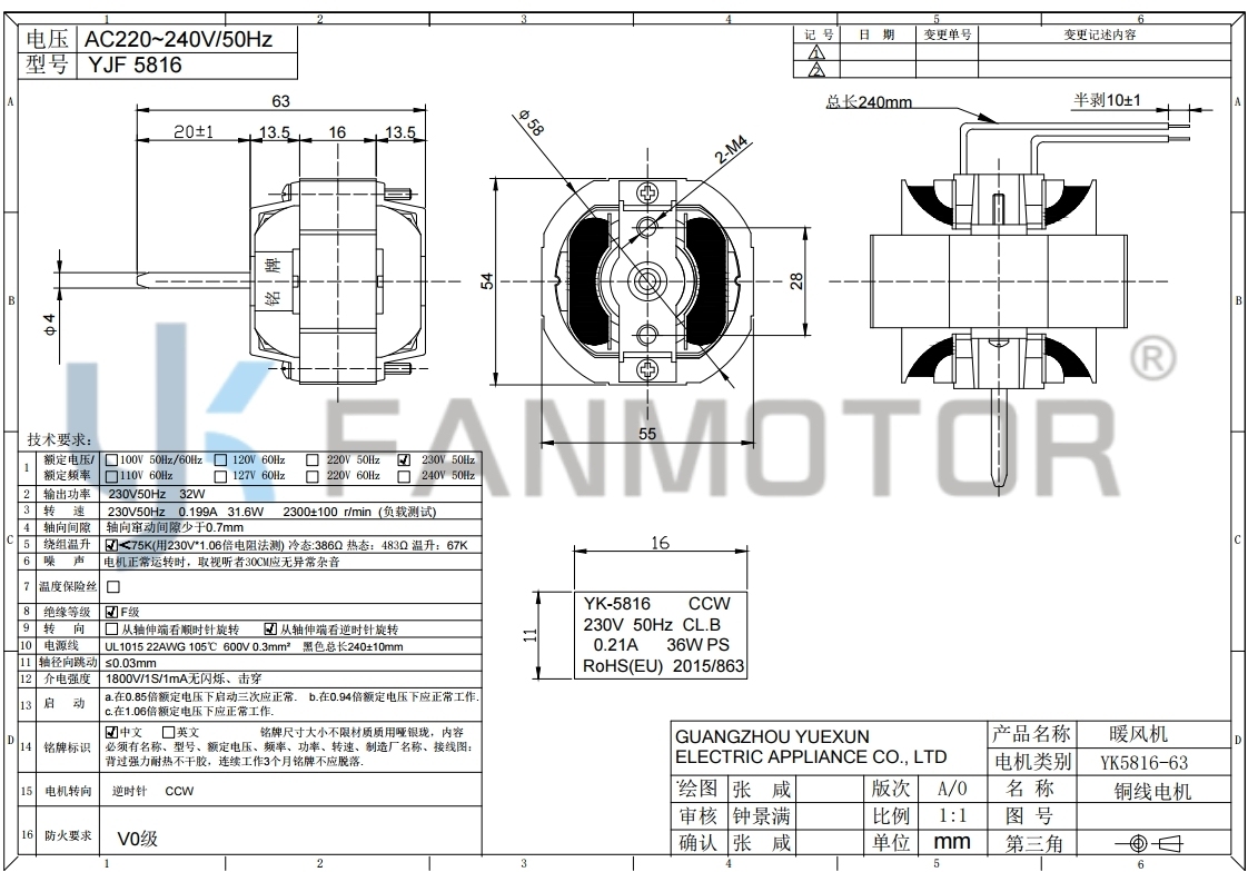 Motor del ventilador del soplador de aire caliente YK5816-63