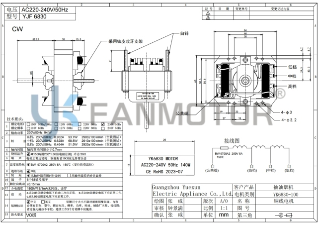 Motor del ventilador de la campana extractora 6830