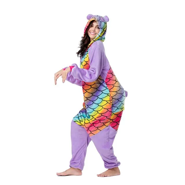 Colorful Fish Scale Panda Onesie Costume Pajamas Adult Unibuy