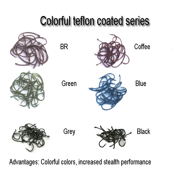 Colorful teflon coated carp hooks