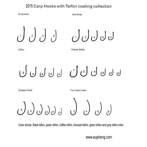 Carp fishing hooks with teflon coated collection