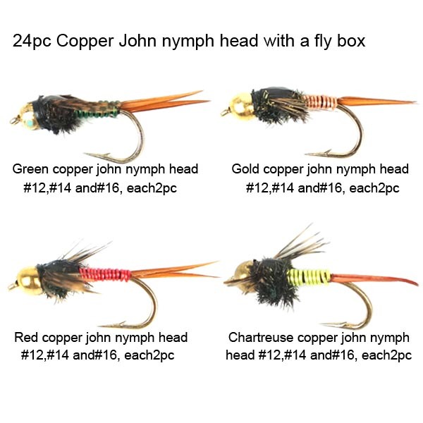 24pc Copper John nymph head flies with a mini fly box