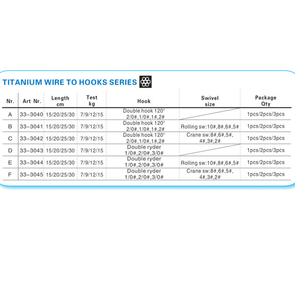 BTI-33-3040/3041/3042/3043/3044/3045 Titanium wire to hook series