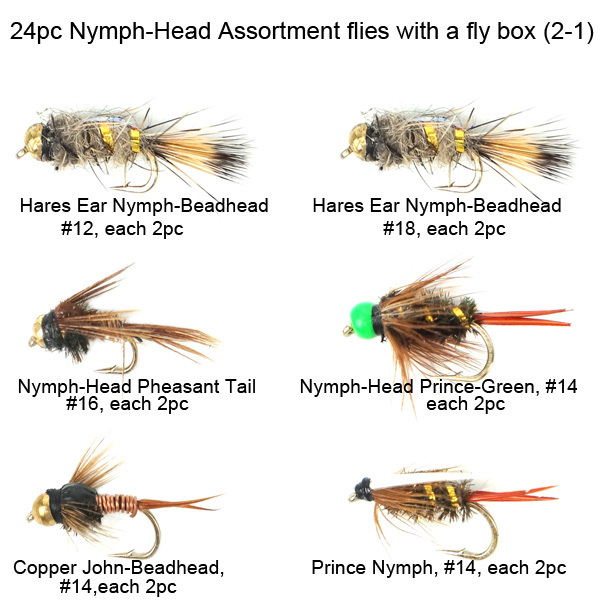 24pc Nymph-Head assortment flies with a mini fly box