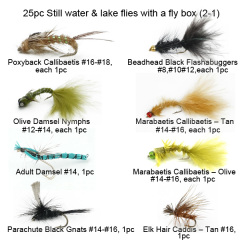 25pc Still water & lake flies with a fly box